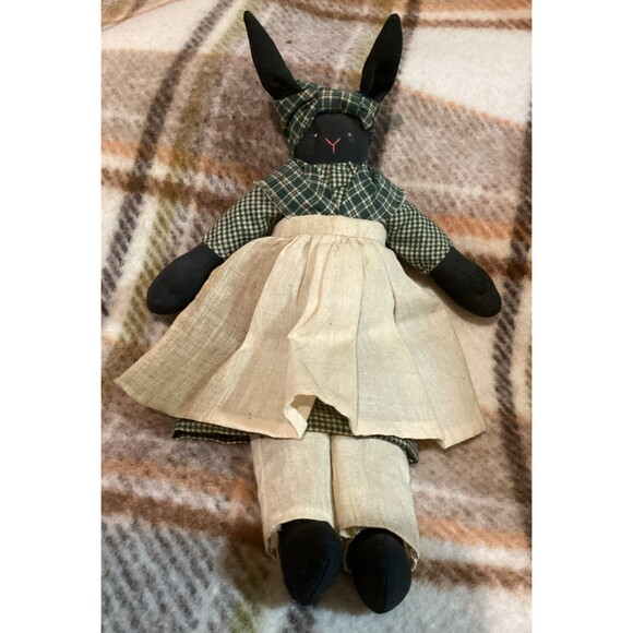 Primitive Handmade Folk Art Black Rabbit Bunny Country Cloth Doll 12” Vintage - Picture 1 of 11